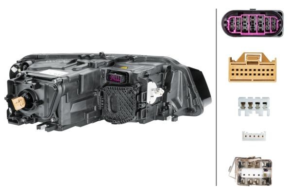 Far Audi A8 (D4/4f), 11.2013-09.2017, montare fata, stanga, bi-xenon; cu lumini de zi tip LED; D3S+H7+PSY24W; electric; fara ballast; fara modul LED; cu motor; xenon, HELLA