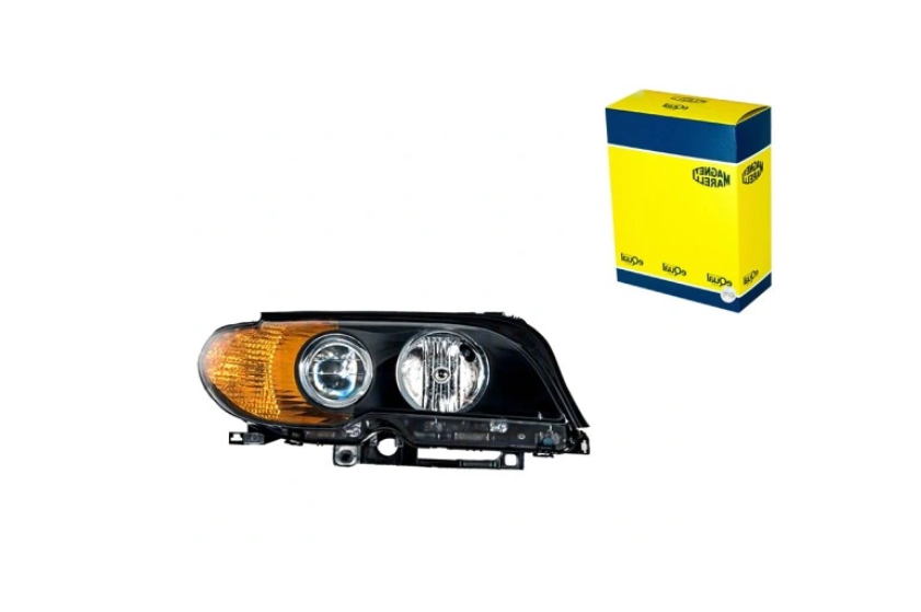 Far Bmw Seria 3 (E46), Coupe/Cabrio 03.2003-09.2006, montare fata, dreapta, H7+H7; electric; reflector negru, semnal galben; cu motor; halogen, MAGNETI MARELLI