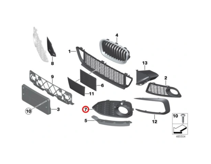 Grila bara protectie, spoiler Bmw Seria 1 (F20), 05.2015-06.2019, model: Sport, montare fata, stanga, fagure; gauri proiectoare, RapidAuto