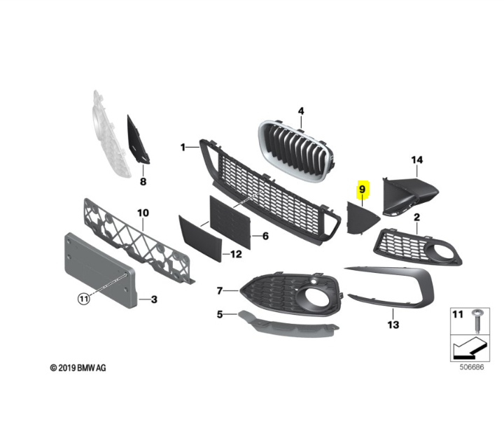 Capac grila bara protectie, spoiler Bmw Seria 1 (F20), 05.2015-06.2019, model: Sport, montare fata, stanga, RapidAuto