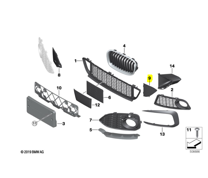 Capac grila bara protectie, spoiler Bmw Seria 1 (F20), 05.2015-06.2019, model: Sport, montare fata, dreapta, RapidAuto