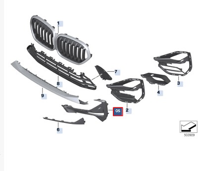 Grila bara protectie, spoiler Bmw X1 (F48), 2019-09.2022, montare fata, dreapta, lucios, negru/negru; cu locas ornamente, RapidAuto