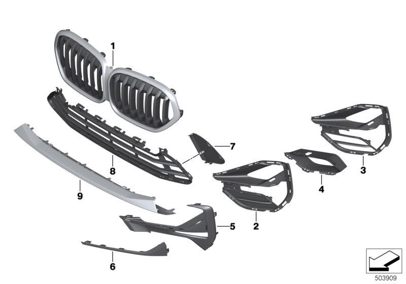 Grila bara protectie, spoiler Bmw X1 (F48), 2019-09.2022, montare fata, stanga, lucios, negru/negru; gaura senzor parcare, cu locas ornamente, RapidAuto