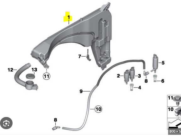 Rezervor spalator parbriz Bmw X4 (F26), 08.2014-05.2018, fara pompa lichid parbriz, cu set spalator far, fara senzor nivel lichid (cu gaura senzor),Cu gaura pentru 2 pompe spalator, RapidAuto