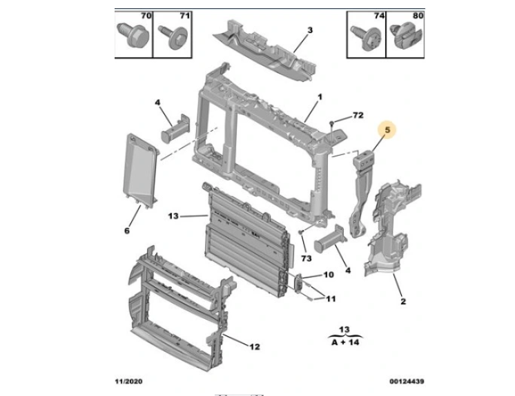 Element montare panou frontal, Trager Opel Corsa/-E F, 06.2019-12.2023; Citroen C4/E-C4, 09.2020-; Peugeot 208, 06.2019-; 2008/E-2008, 11.2019-01.2024, montare fata, stanga, vertical, RapidAuto