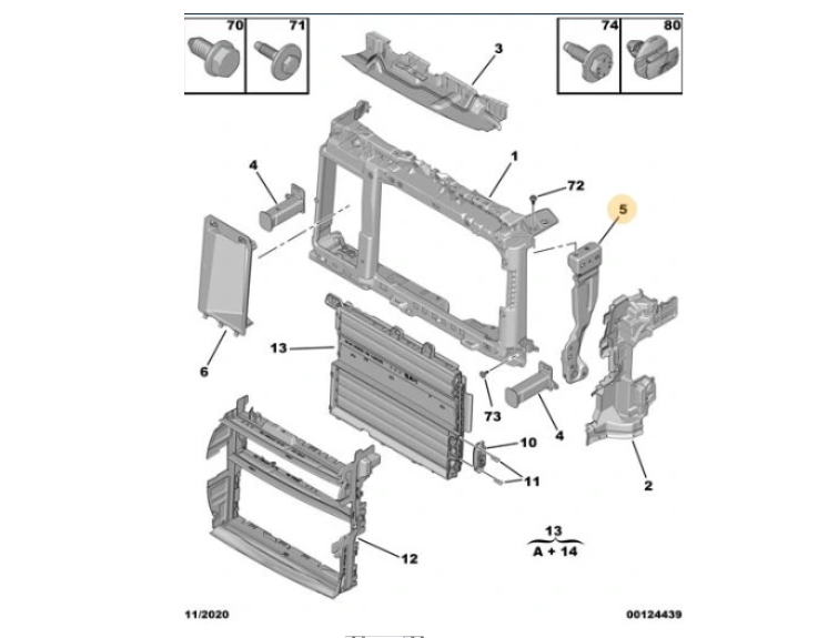Element montare panou frontal, Trager Opel Corsa/-E F, 06.2019-12.2023; Citroen C4/E-C4, 09.2020-; Peugeot 208, 06.2019-; 2008/E-2008, 11.2019-01.2024, montare fata, dreapta, vertical, RapidAuto
