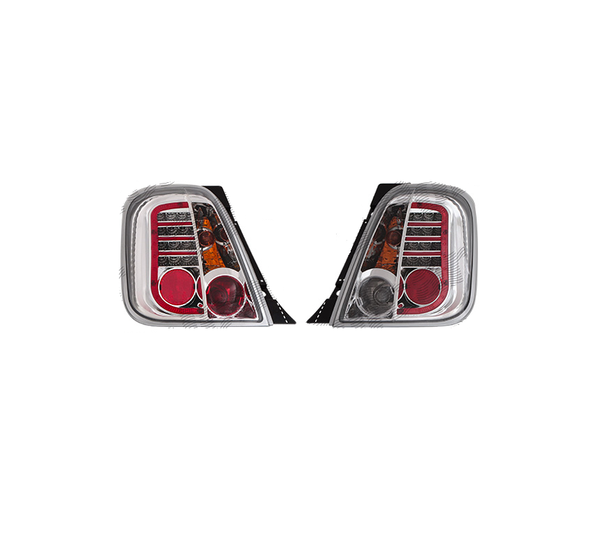 Stop spate, lampa Fiat 500 (312), 03.2007-08.2015, model tuning, montare spate, stanga+dreapta, cu lumini de zi tip LED; cu lampa stop frana cu LED; LED+P21W+PY21W; cromat, transparent; cu locas bec; tuning; Taiwan