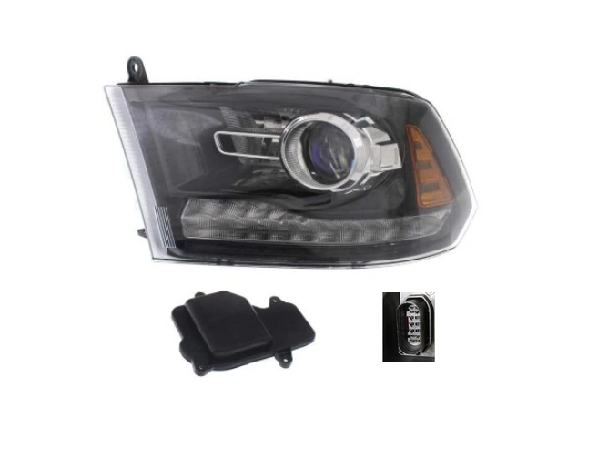 Far Ram 1500/2500/3500, 2016-, montare fata, stanga, cu lentile; cu indicator led; cu lumina de zi; cu lumina de parcare LED; Tip=USA; HB3+HB3+LED; manual; negru; Omologare: SAE; halogen, RapidAuto