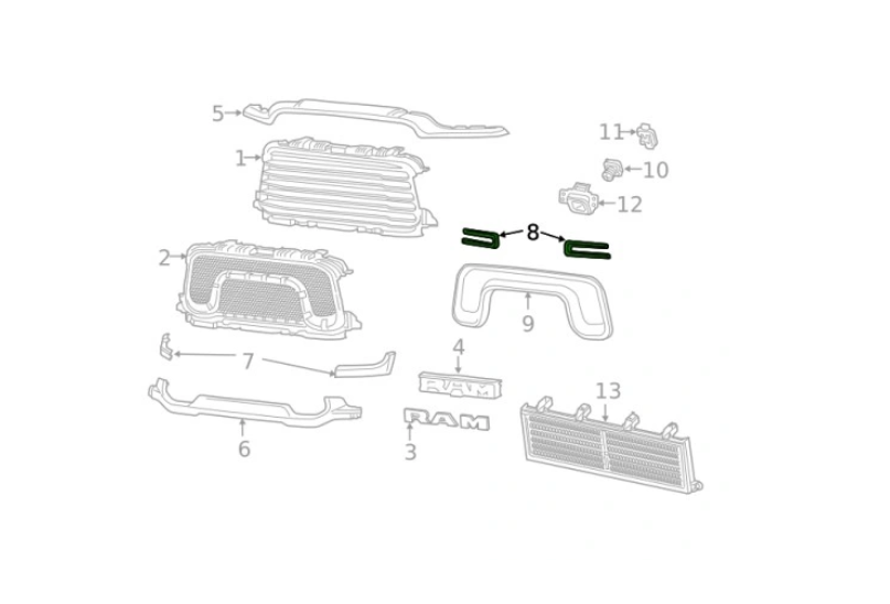 Ornamente grila radiator Ram 1500/2500/3500, 01.2018-, model: 2500, 3500, montare fata, stanga+dreapta, negru, grunduit; complet, RapidAuto