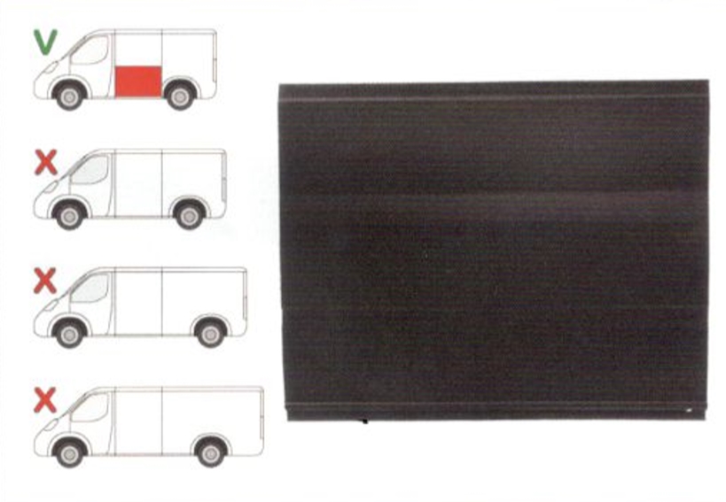 Panou reparatie lateral Ford Transit (V184/5), 05.2000-04.2006; Transit/Tourneo (V347/8), 05.2006-04.2013, model: scurt, montare stanga, galvanizat; segment latime; Lungime 1187, inaltime 970 mm; pana la geam, RapidAuto