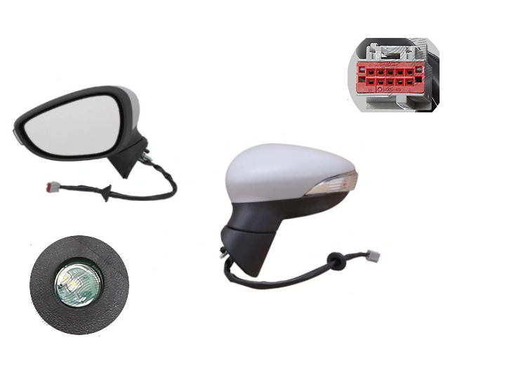 Oglinda exterioara Ford Fiesta (Ja8), 01.2013-12.2017, montare stanga, reglaj electric; grunduit; incalzit; sticla asferica; geam cromat; rabatabil; 10 gauri / 10 pini; cu semnalizare; cu lampa perimetru, RapidAuto