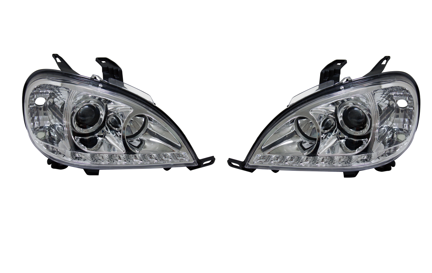 Far Mercedes Clasa Ml (W163) 09.2001-07.2005, model tuning, montare fata, stanga+dreapta, cu lumina de parcare LED; cu lampa ceata LED; H1+H1+LED+PY21W; electric; cromat, transparent; tuning; halogen, Taiwan