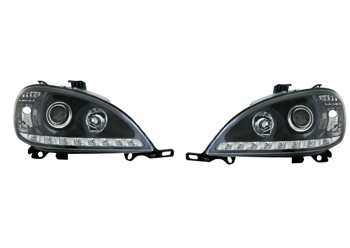 Far Mercedes Clasa Ml (W163) 09.2001-07.2005, model tuning, montare fata, stanga+dreapta, cu lumina de parcare LED; cu lampa ceata LED; H1+H1+LED+PY21W; electric; negru, transparent; tuning; halogen, Taiwan