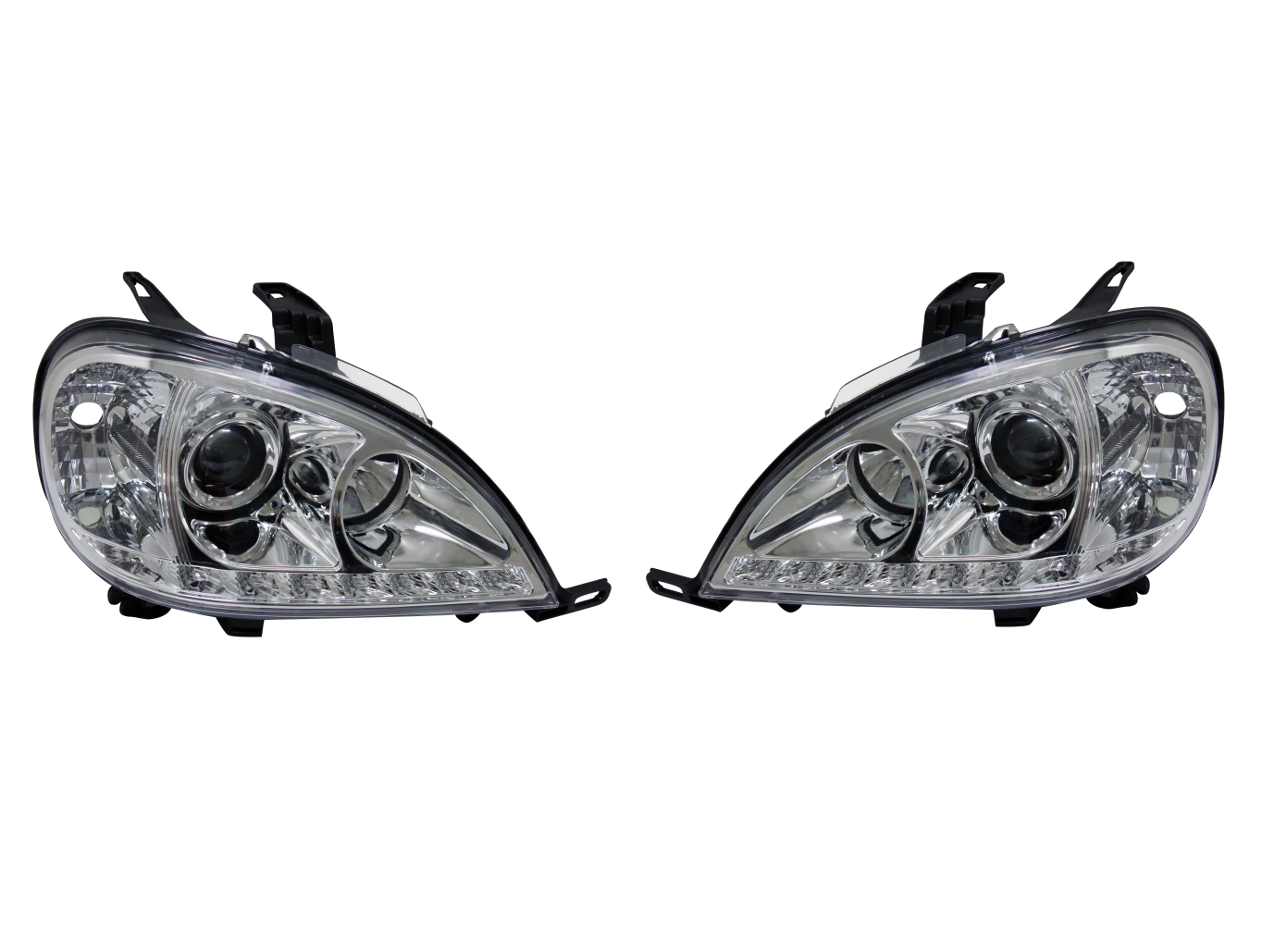 Far Mercedes Clasa Ml (W163), 09.2001-07.2005, model tuning, montare fata, stanga+dreapta, cu lumina de parcare LED; cu lampa ceata LED; H1+H1+LED+PY21W; electric; cromat, transparent; tuning; halogen, Taiwan