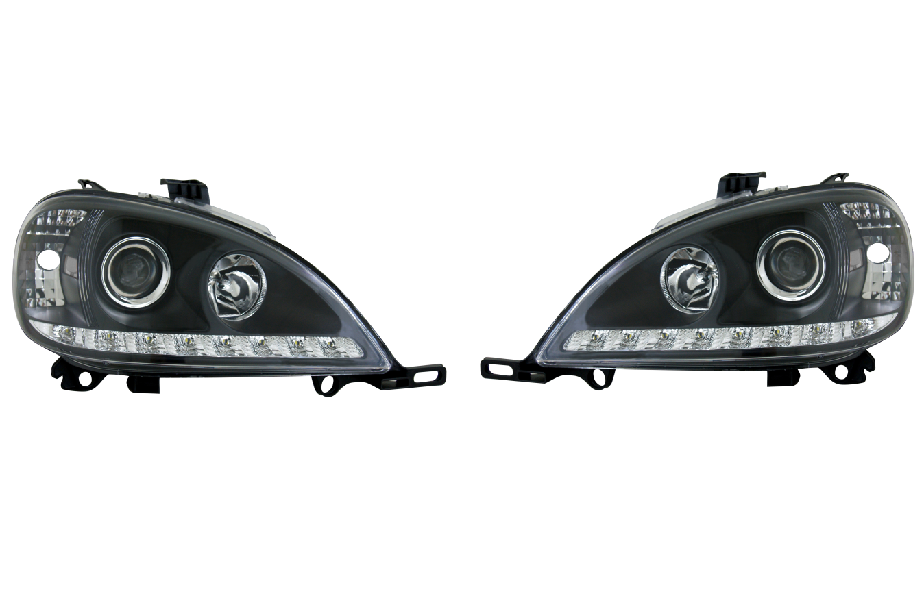 Far Mercedes Clasa Ml (W163), 09.2001-07.2005, model tuning, montare fata, stanga+dreapta, cu lumina de parcare LED; cu lampa ceata LED; H1+H1+LED+PY21W; electric; negru, transparent; tuning; halogen, Taiwan