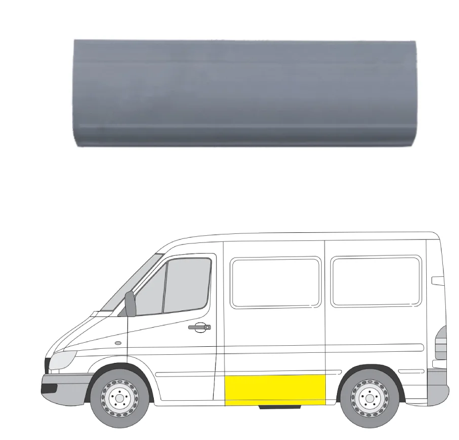 Segment reparatie panou lateral Volkswagen Lt Ii, 05.1996-12.2005; Mercedes Sprinter, 01.1995-2007, montare stanga, inferior; tabla; segment latime; lungime 1193 mm; scazut, RapidAuto