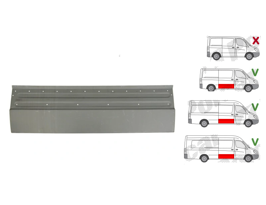 Segment reparatie panou usa Mercedes Sprinter, 07.2006-06.2018, Vw Crafter (2e), 12.2005-04.2017, model: ampatament 3665 mm, ampatament 4325 mm, montare stanga, inferior; galvanizat; usa glisanta; lungime 1510, inaltime 480 mm, RapidAuto