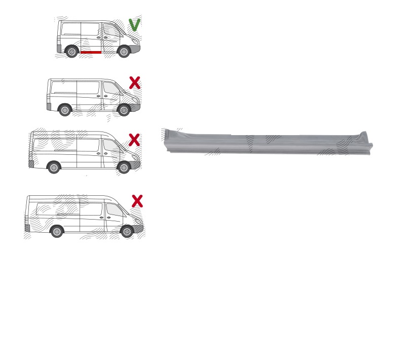 Prag Volkswagen Crafter (2e), 12.2005-04.2017; Mercedes Sprinter 209-524, 07.2006-06.2018, model: spatiu incarcare L=2600mm, ampatament 3250 mm, montare dreapta, galvanizat; sub usa glisanta; Lungime 1310 mm, RapidAuto