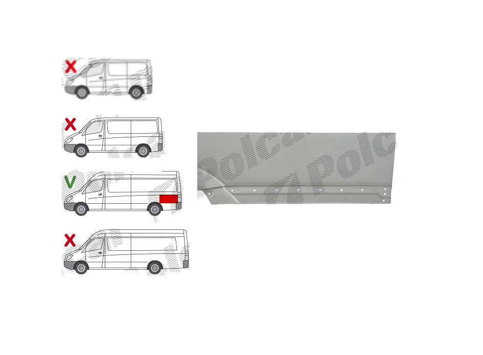 Segment reparatie aripa spate Volkswagen Crafter (2e), 12.2005-04.2017; Mercedes Sprinter, 07.2006-2018, model: versiune Long 4300mm, montare spate, stanga, galvanizat; in spatele carenajului; inaltime: 150mm, RapidAuto
