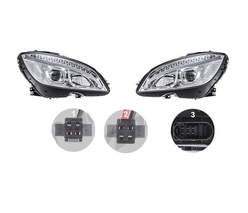 Far Mercedes Clasa C (W204), 03.2007-03.2011, model tuning, montare stanga+dreapta, cu indicator led; cu lumini de zi tip LED; H9+LED; manual; cromat; tuning; halogen, Taiwan