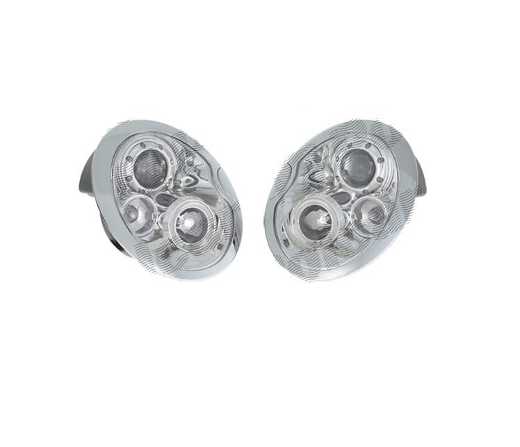 Far Mini One/Cooper/Cabrio (R50/R52/R53), 06.2001-07.2007, model tuning, montare fata, stanga+dreapta, cu lumina de parcare LED; H1+H1+LED; manual/electric; cromat, rama cromata; fara motor; tuning; halogen, Taiwan