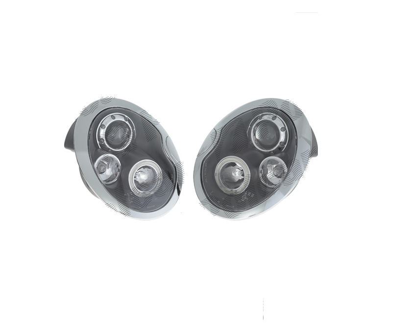 Far Mini One/Cooper/Cabrio (R50/R52/R53), 06.2001-07.2007, model tuning, montare fata, stanga+dreapta, cu lumina de parcare LED; H1+H1+LED; manual/electric; rama cromata, negru; fara motor; tuning; halogen, Taiwan