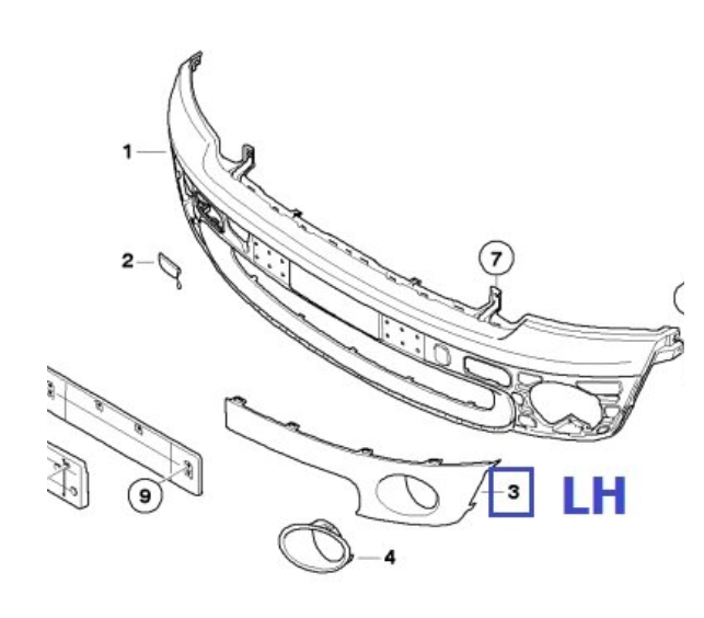 Ornament bara protectie, spoiler Mini One/Cooper/Clubman/Clubvan/Coupe/Roadster/Cabrio (R56/57/58/59), 07.2007-2010, model: Cooper, Cooper S, montare fata, stanga, grunduit, gata de vopsit; cu gaura lampa de ceata, RapidAuto