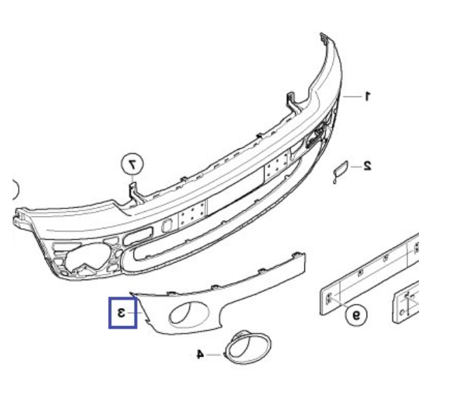 Ornament bara protectie, spoiler Mini One/Cooper/Clubman/Clubvan/Coupe/Roadster/Cabrio (R56/57/58/59), 07.2007-2010, model: Cooper, Cooper S, montare fata, dreapta, grunduit, gata de vopsit; cu gaura lampa de ceata, RapidAuto