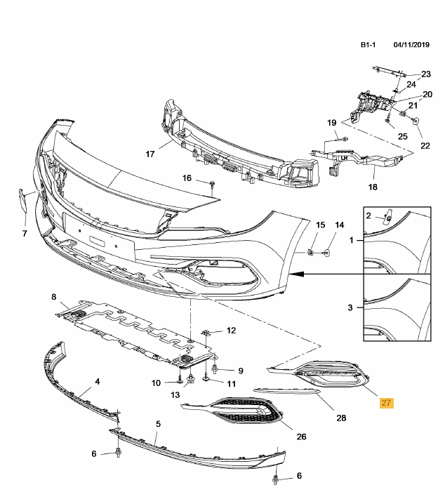 Grila bara protectie, spoiler Opel Astra K, 2020-02.2022, montare fata, stanga, negru; cu locas ornamente; gauri proiectoare, RapidAuto