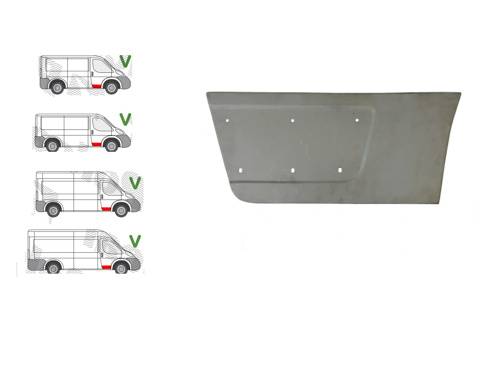 Segment reparatie panou usa Peugeot Boxer (250), Fiat Ducato (250), Citroen Jumper (250) 09.2006-08.2014, Ram Promaster, 02.2013-, montare fata, dreapta, galvanizat; cu locas ornamente; inaltime 285 mm, RapidAuto