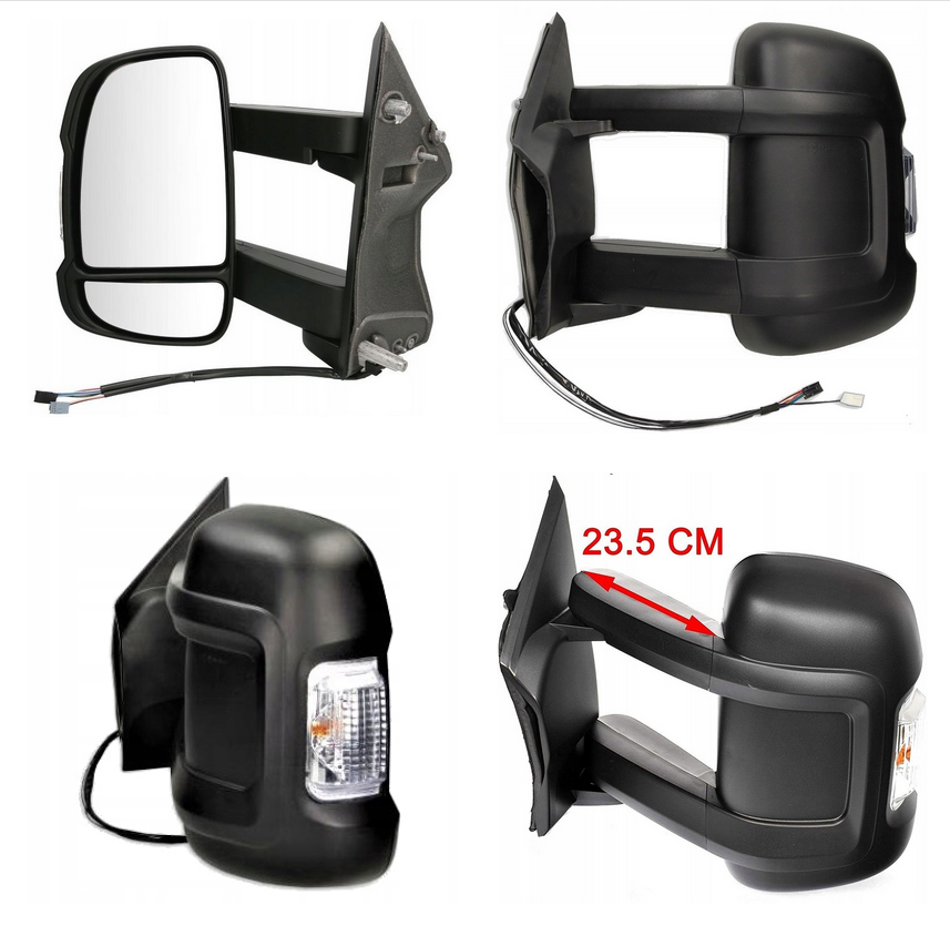 Oglinda exterioara Peugeot Boxer (250), Fiat Ducato (250), Citroen Jumper (250),09.2006-08.2014, stanga, reglaj electric; carcasa neagra; incalzit; convexa; cromat; Senzor temperatura; 8 gauri / 2 pini+ 8 gauri / 8 pini; semnalizare (WY5W); brat lung,