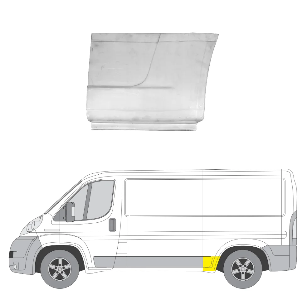 Segment reparatie aripa spate Peugeot Boxer (250), Fiat Ducato (250), Citroen Jumper (250) 09.2006-08.2014-,, Ram Promaster, 02.2013-, model: L2; versiune : mediu lung, montare stanga, tabla; fara locas ornament; in fata carenajului, RapidAuto