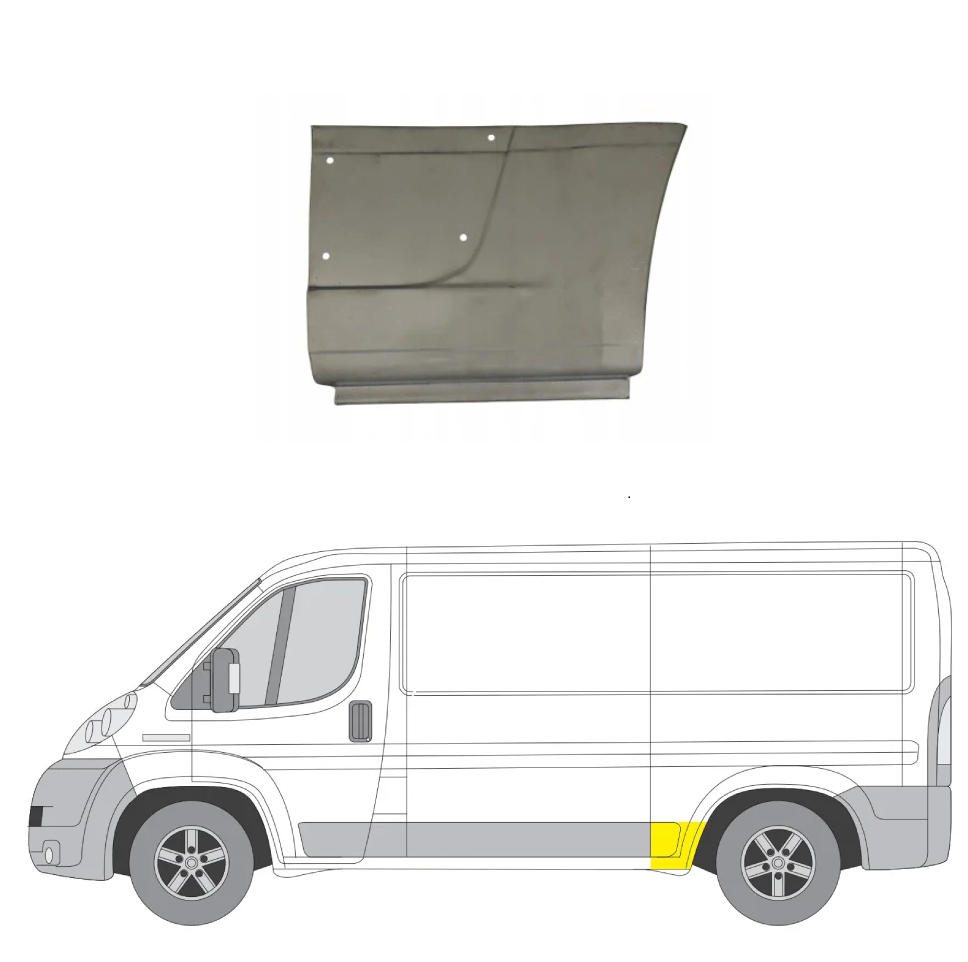 Segment reparatie aripa spate Peugeot Boxer (250), Fiat Ducato (250), Citroen Jumper (250) 09.2006-08.2014-,, Ram Promaster, 02.2013-, model: L2; versiune : mediu lung, montare stanga, tabla; cu locas ornamente; in fata carenajului, RapidAuto