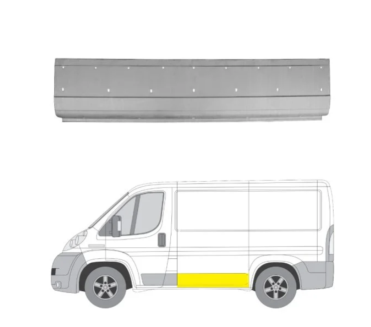 Panou reparatie lateral Peugeot Boxer (250), Fiat Ducato (250), Citroen Jumper (250), 09.2006-08.2014-; Ram Promaster, 02.2013-, stanga, galvanizat; locas ornamente; lungime 1415, inaltime 340 mm, RapidAuto