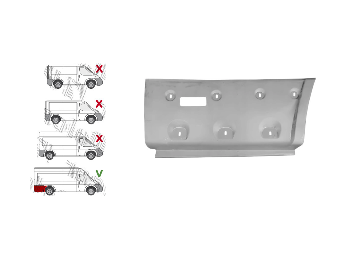Segment reparatie aripa spate Peugeot Boxer (250), Fiat Ducato (250), Citroen Jumper (250) 09.2006-08.2014-, model: extra lung, L4, montare spate, dreapta, cu locas ornamente, lampi pozitie; in spatele carenaj; lungime 700 mm,