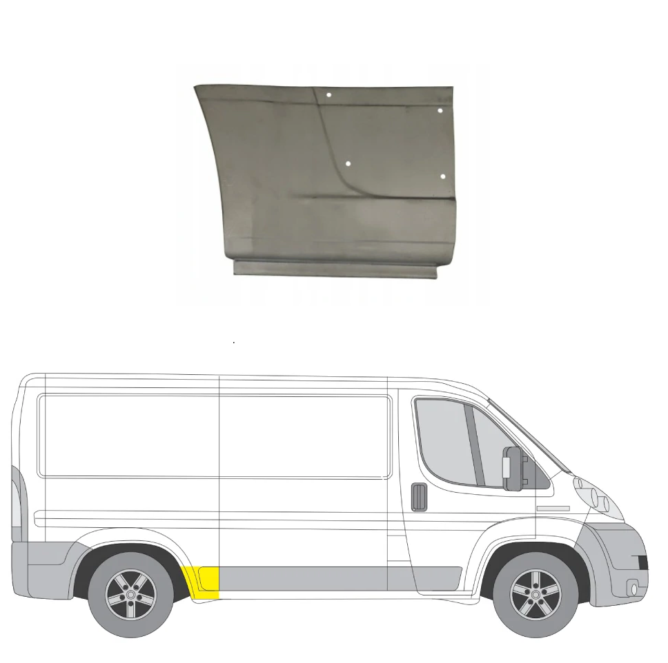 Segment reparatie aripa spate Peugeot Boxer (250), Fiat Ducato (250), Citroen Jumper (250) 09.2006-08.2014-,, Ram Promaster, 02.2013-, model: L2; versiune : mediu lung, montare dreapta, tabla; cu locas ornamente; in fata carenajului, RapidAuto