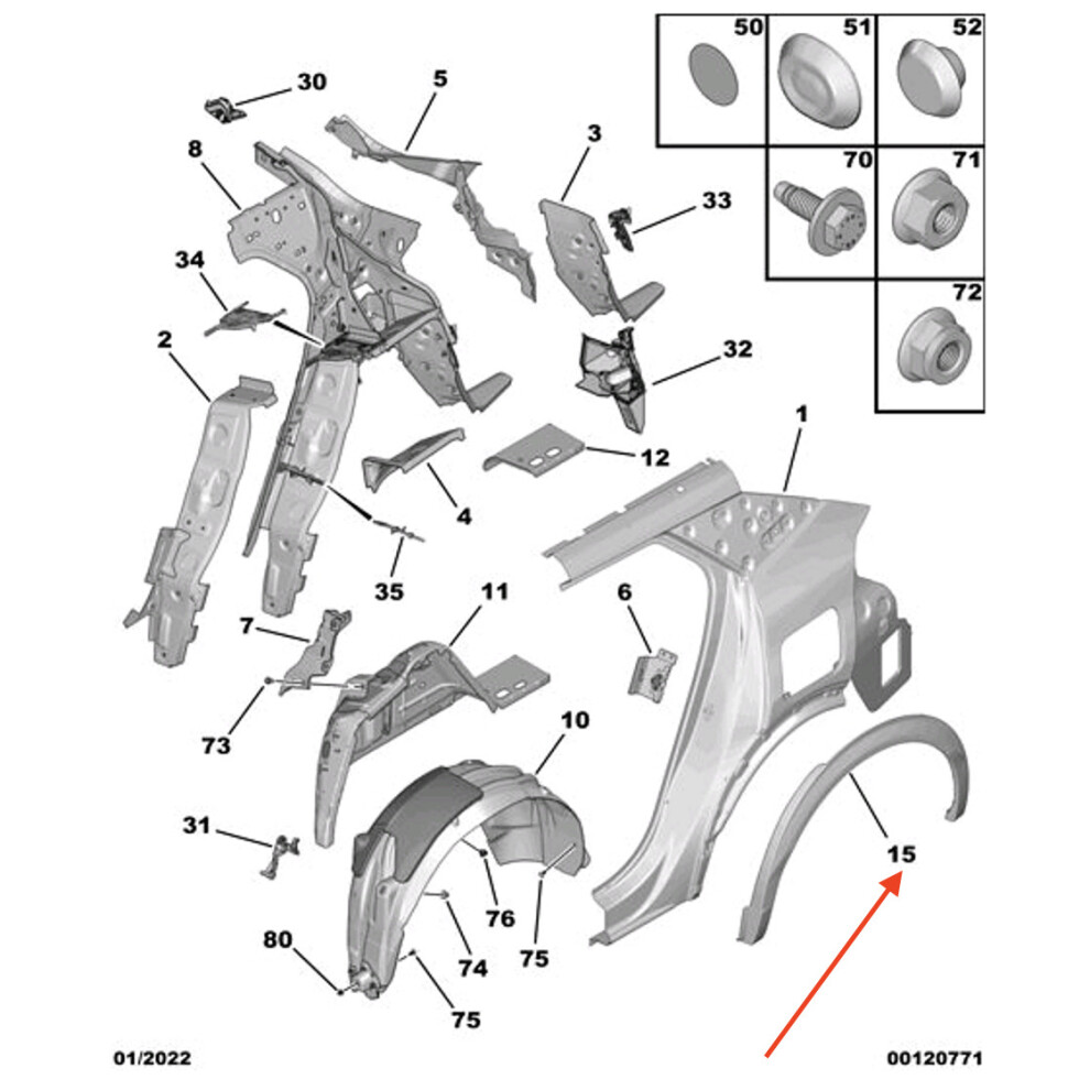 Ornament pasaj roata Peugeot 2008/E-2008, 11.2019-01.2024, montare spate, dreapta, RapidAuto