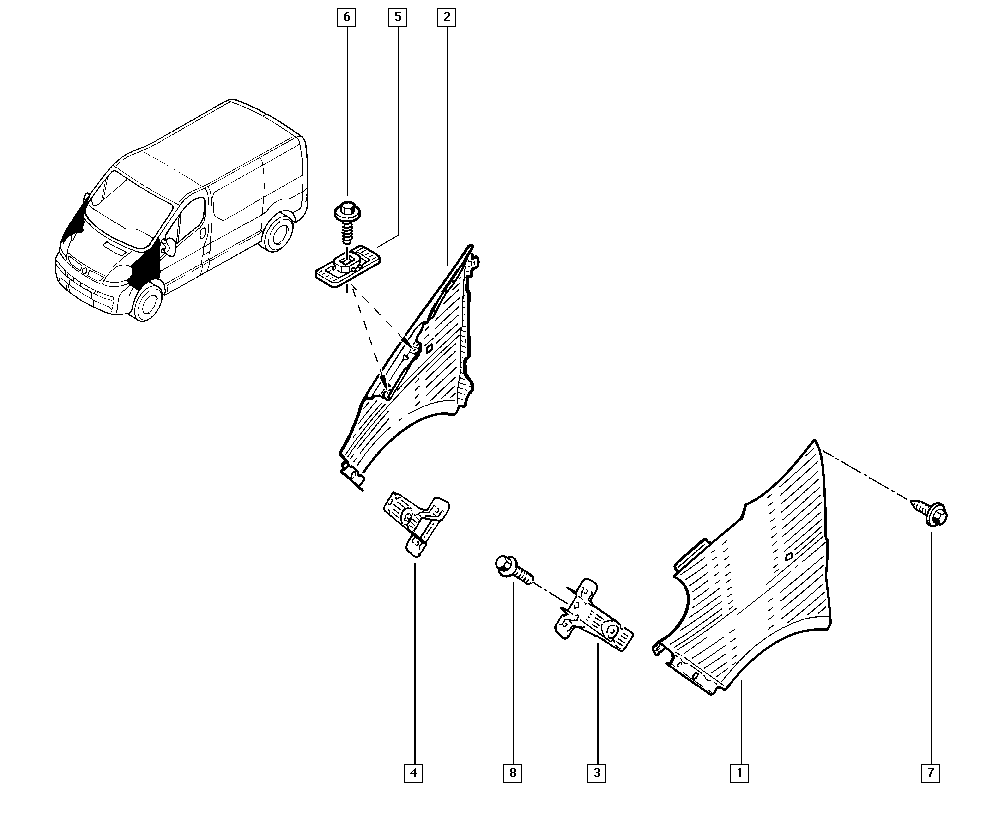 Armatura aripa fata Nissan Primastar (X83), 2002-12.2016; Renault Trafic (Fl/Jl), 03.2001-09.2014; Opel Vivaro, 01.2001-2014, montare fata, dreapta, tabla, RapidAuto