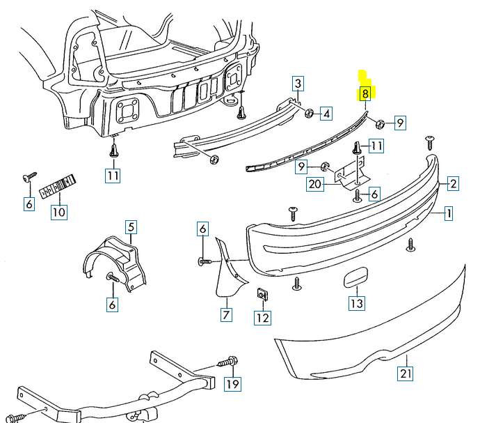 Suport bara protectie, spoiler Skoda Fabia (6y), 04.2000-03.2007, model: Combi, Sedan, montare spate, dreapta, center, OE
