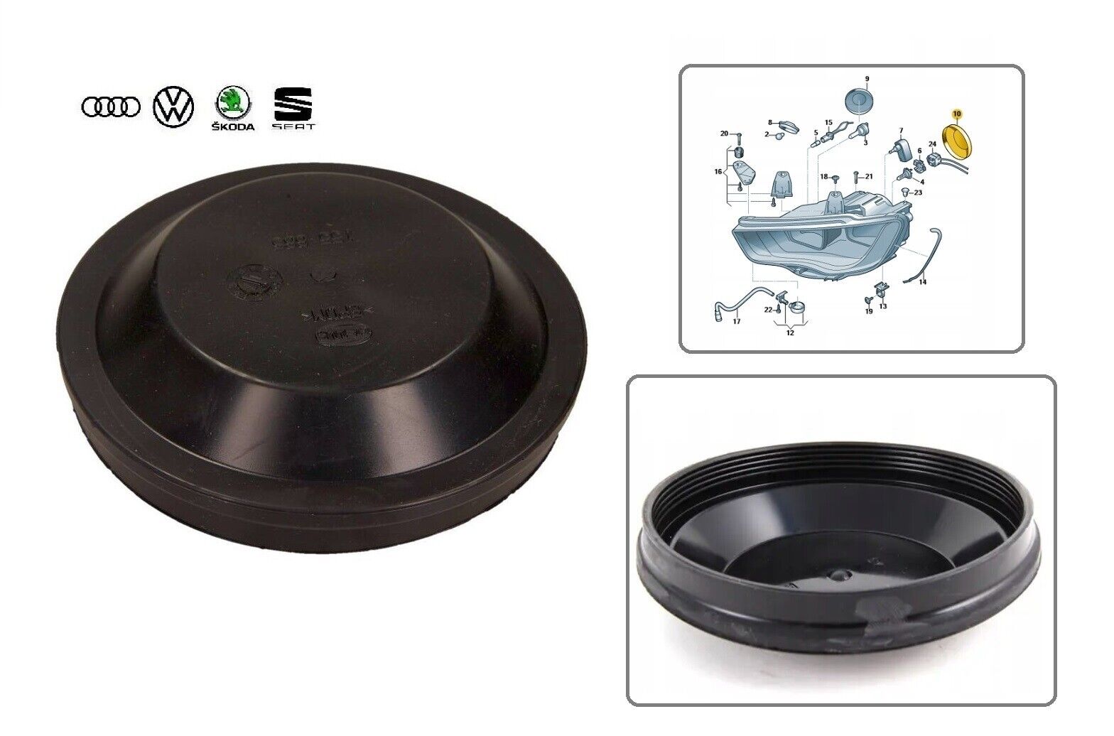 Capac far Audi A3 (8p), 04.2008-, Vw Caddy Iii (2k), 06.2010-; Golf Vi (5k), 10.2008-; Passat (B6), 01.2005-; Polo (6r), 08.2009-; Skoda Fabia (5j), 03.2007-; Octavia Ii (1z), 10.2008-12.2013; Superb (3v), 05.2015-, fata, stanga=dreapta, rotund