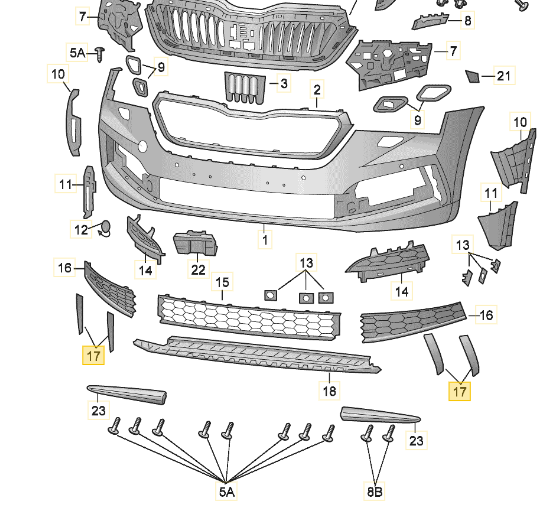 Ornament grila bara protectie, spoiler Skoda Scala, 04.2019-, montare fata, stanga, negru, satin, RapidAuto
