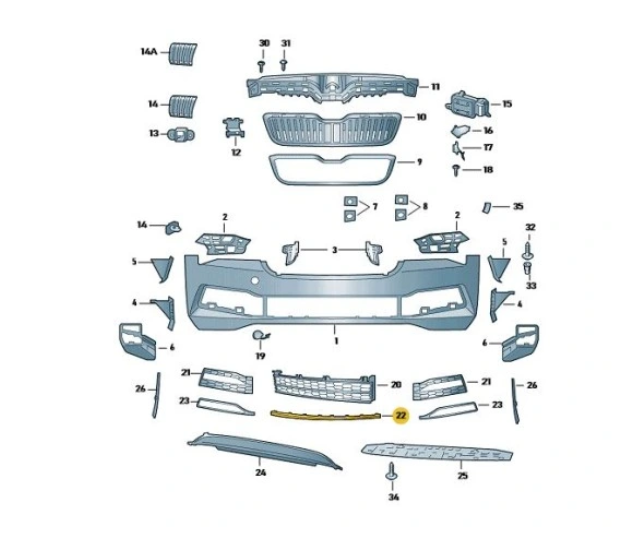 Ornament grila bara protectie, spoiler Skoda Superb (3v), 2019-06.2024, montare fata, centrala, cromat, RapidAuto