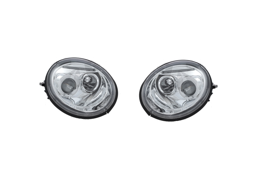 Far Volkswagen Beetle (1c/9c/1y), 01.1998-05.2005, model tuning, montare fata, stanga+dreapta, cu lentile; cu indicator led; cu lumina de parcare LED; H1+H1+LED; manual; cromat; tuning; halogen, Taiwan