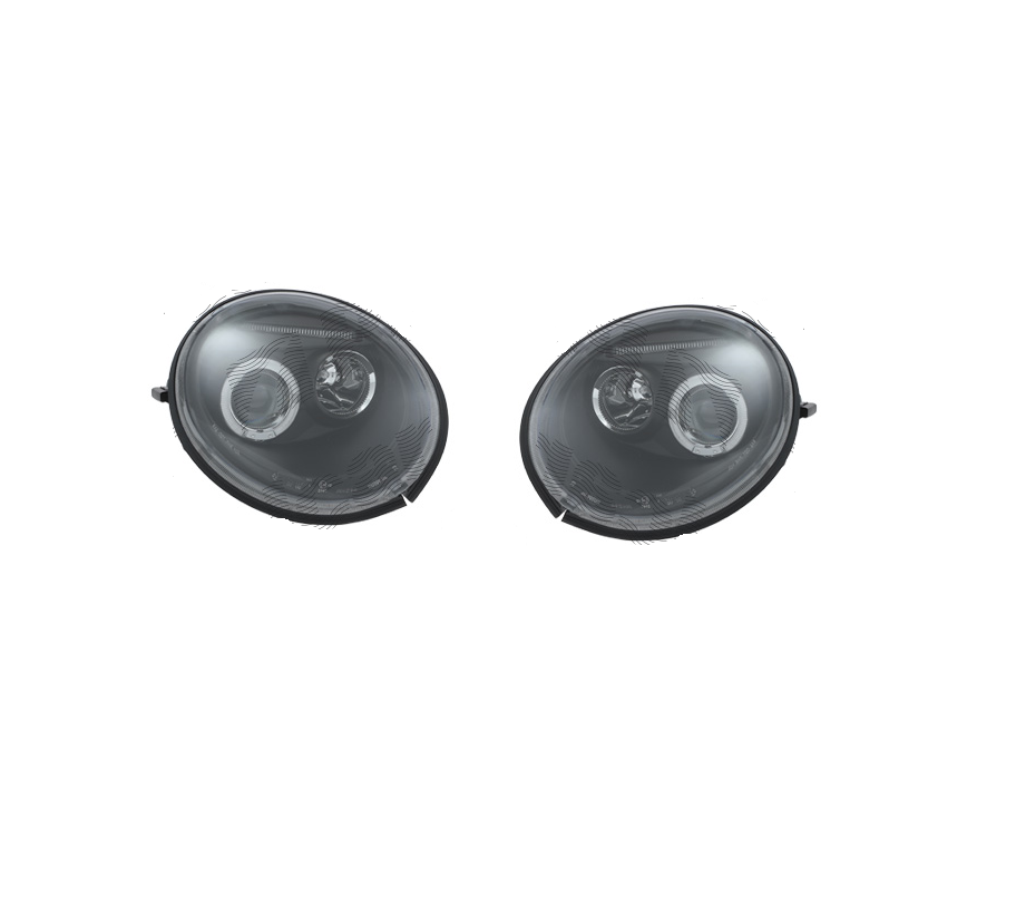 Far Volkswagen Beetle (1c/9c/1y), 01.1998-05.2005, model tuning, montare fata, stanga+dreapta, cu lentile; cu indicator led; cu lumina de parcare LED; H1+H1+LED; manual; negru; tuning; halogen, Taiwan