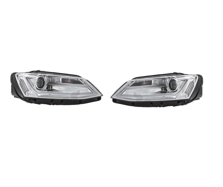 Far Volkswagen Jetta (1b), 07.2010-, model tuning, montare fata, stanga+dreapta, cu lumina de parcare LED; H1+H1+LED; electric; cromat, transparent; cu soclu bec; cu motor; tuning; halogen, Taiwan