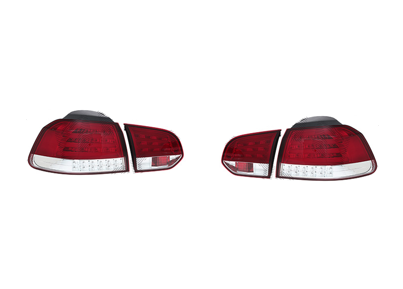 Stop spate, lampa Volkswagen Golf Vi (5k), 10.2008-2013, model tuning, montare spate, stanga+dreapta, 2 buc stanga si 2 buc dreapta; cu indicator led; LED+P21W; rosu, transparent; tuning; intern, exterior, Taiwan