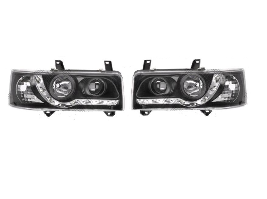 Far Volkswagen Transporter (T4)/Caravelle/Multivan, 07.1990-03.2003, tuning, montare fata, stanga+dreapta, cu indicator led; cu lumina de parcare LED; H1+H1+LED; manual/electric; cromat; fara motor; tuning; halogen, Taiwan