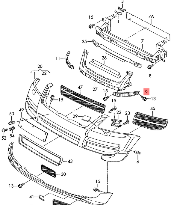 Suport bara protectie, spoiler Volkswagen Touareg (7l), 10.2002-12.2006, montare fata, stanga, plastic, RapidAuto