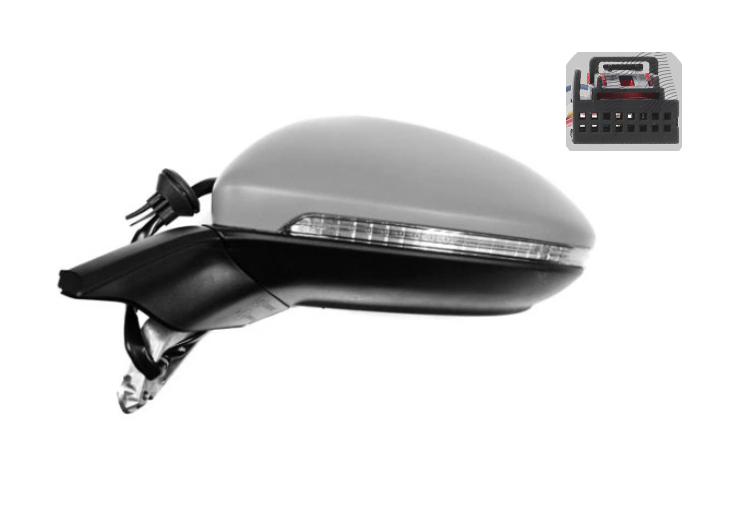 Oglinda exterioara Volkswagen Golf Viii, 11.2019-, montare stanga, reglaj electric; grunduit; incalzit; sticla asferica; geam cromat; 16 gauri / 6 pini; cu semnalizare, SRLine