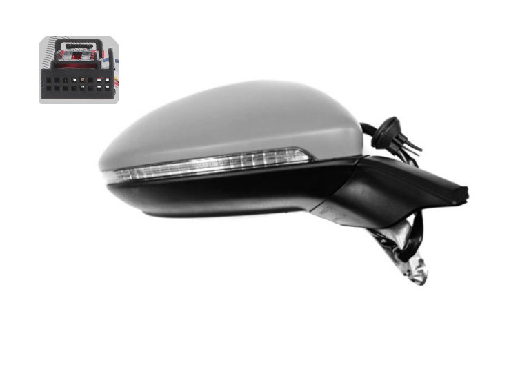 Oglinda exterioara Volkswagen Golf Viii, 11.2019-, montare dreapta, reglaj electric; grunduit; incalzit; sticla convexa; geam cromat; 16 gauri / 6 pini; cu semnalizare, SRLine